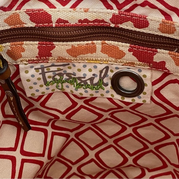 FOSSIL Vintage Leather Canvas Geometric Tote Shoulder Bag Boho Casual Key Charm - Picture 8 of 10